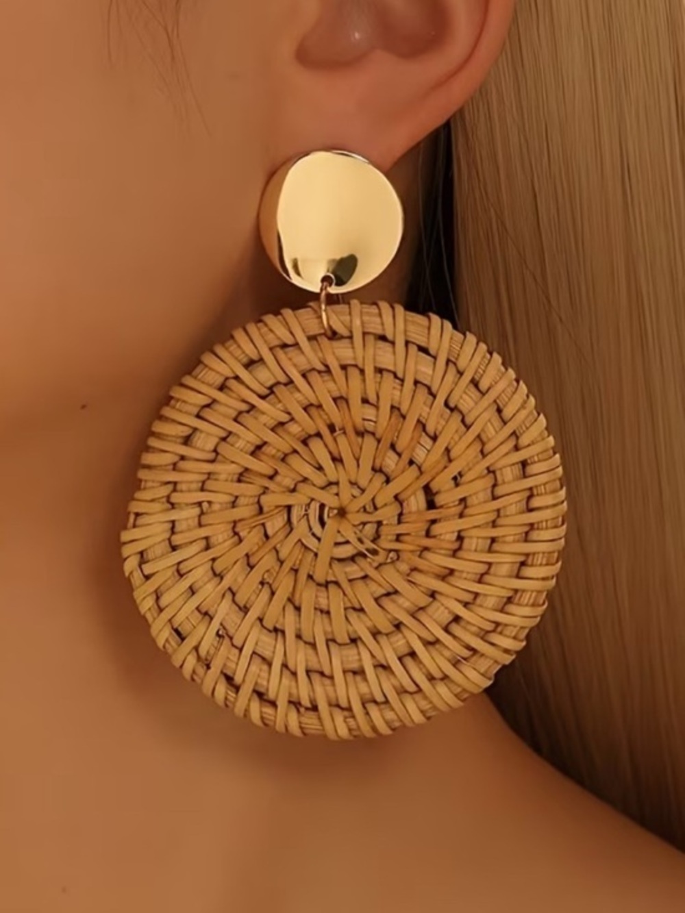 Rattan Drop Earrings with Gold Disc - Chic Natural Woven Jewelry - Picture 1 of 5
